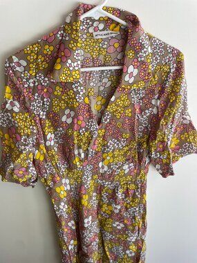 Attic and Barn Beige Floral Dress Vintage Print Pink Yellow Flowers